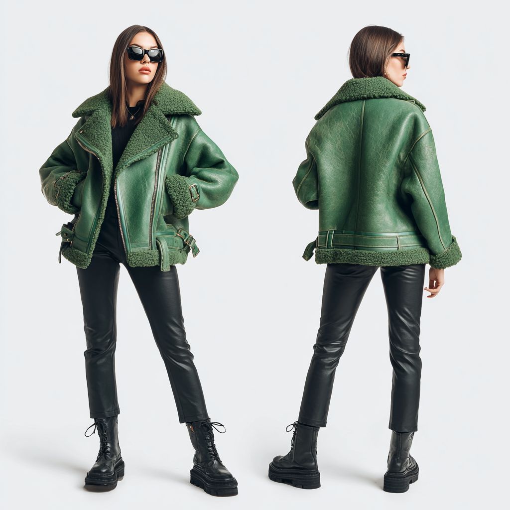 Green Shearling Bomber Leather Jacket – Aviator Flight Coat Faux Fur